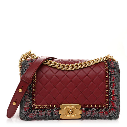 Chanel Tweed Lambskin Quilted Medium Braided Jacket Boy Flap Dark Red Grey 1 of 11