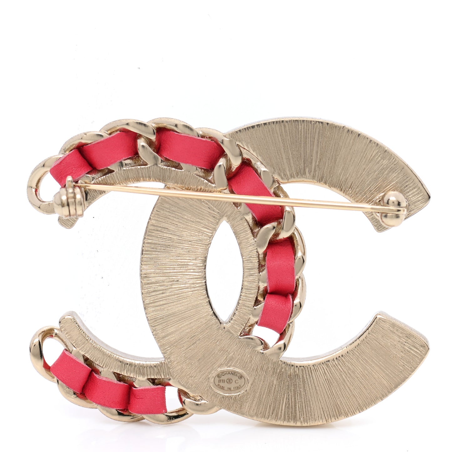 Lambskin Pearl Crystal CC Chain Brooch Pink Gold