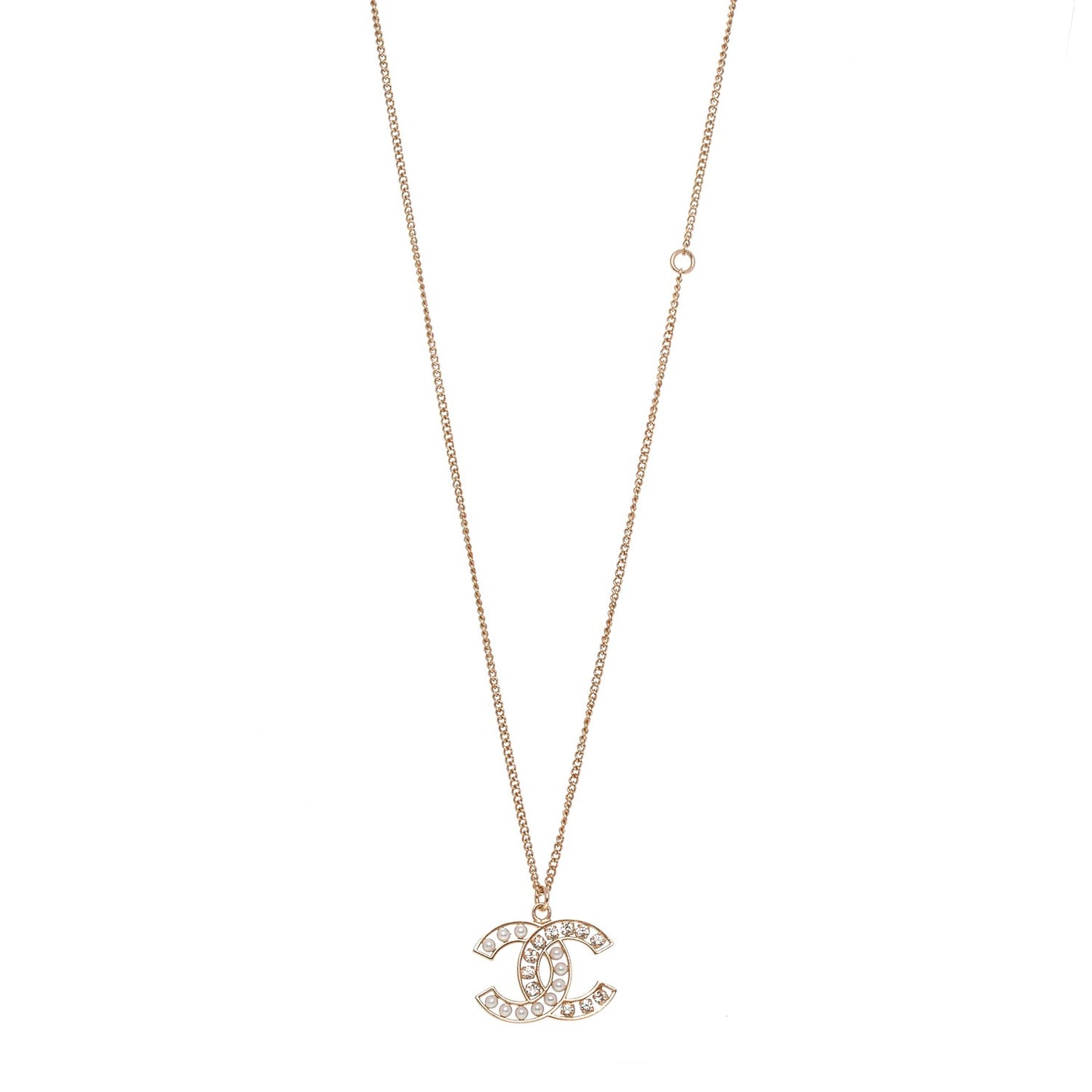 Crystal Pearl CC Pendant Necklace Gold