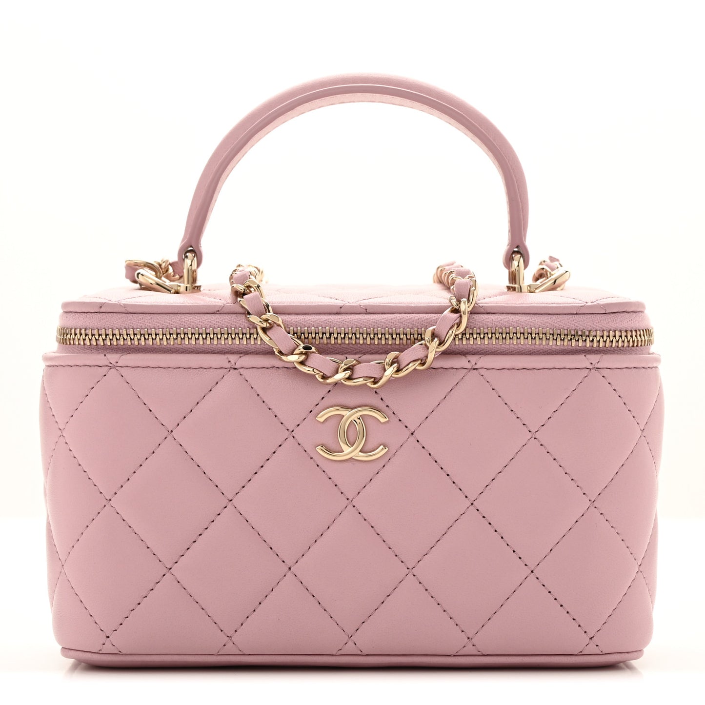 Lambskin Quilted Small Top Handle Vanity Case With Chain Pink
