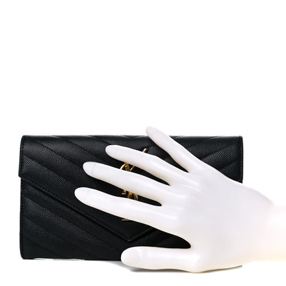 Saint Laurent Grain De Poudre Matelasse Chevron Monogram Flap Wallet Black 2 of 14