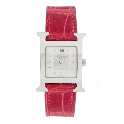 Hermes Stainless Steel Alligator Diamond Mother of Pearl 21mm Heure H Hour Quartz Watch Braise 1 of 5