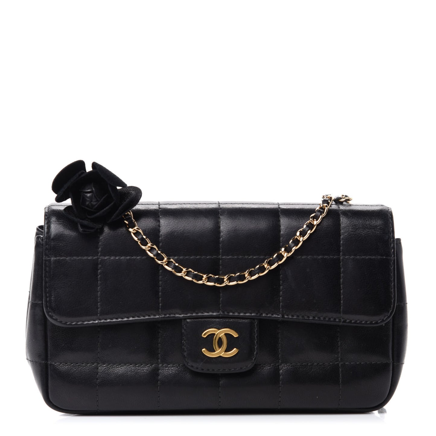 Lambskin Quilted Mini Chocolate Bar Camellia Flap Black
