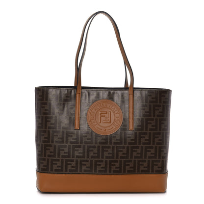 Fendi Glazed Fabric Vitello Century FF 1974 Stamp Patch Shopping Tote Mogano Panna Caramello 1 of 12