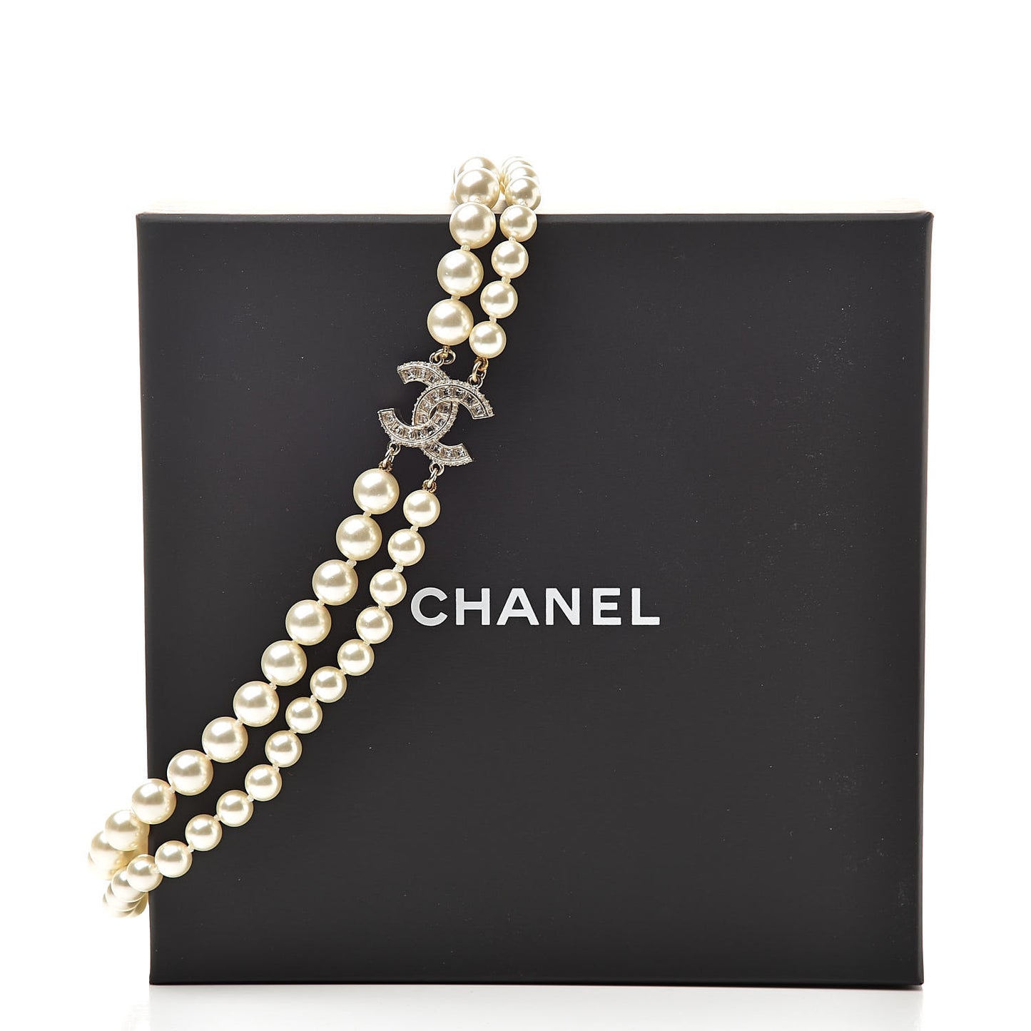 Baguette Crystal Pearl CC Double Strand Necklace Gold