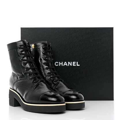 Chanel Shiny Crumpled Lambskin Lace Up Combat Boots 40.5 Black 9 of 9