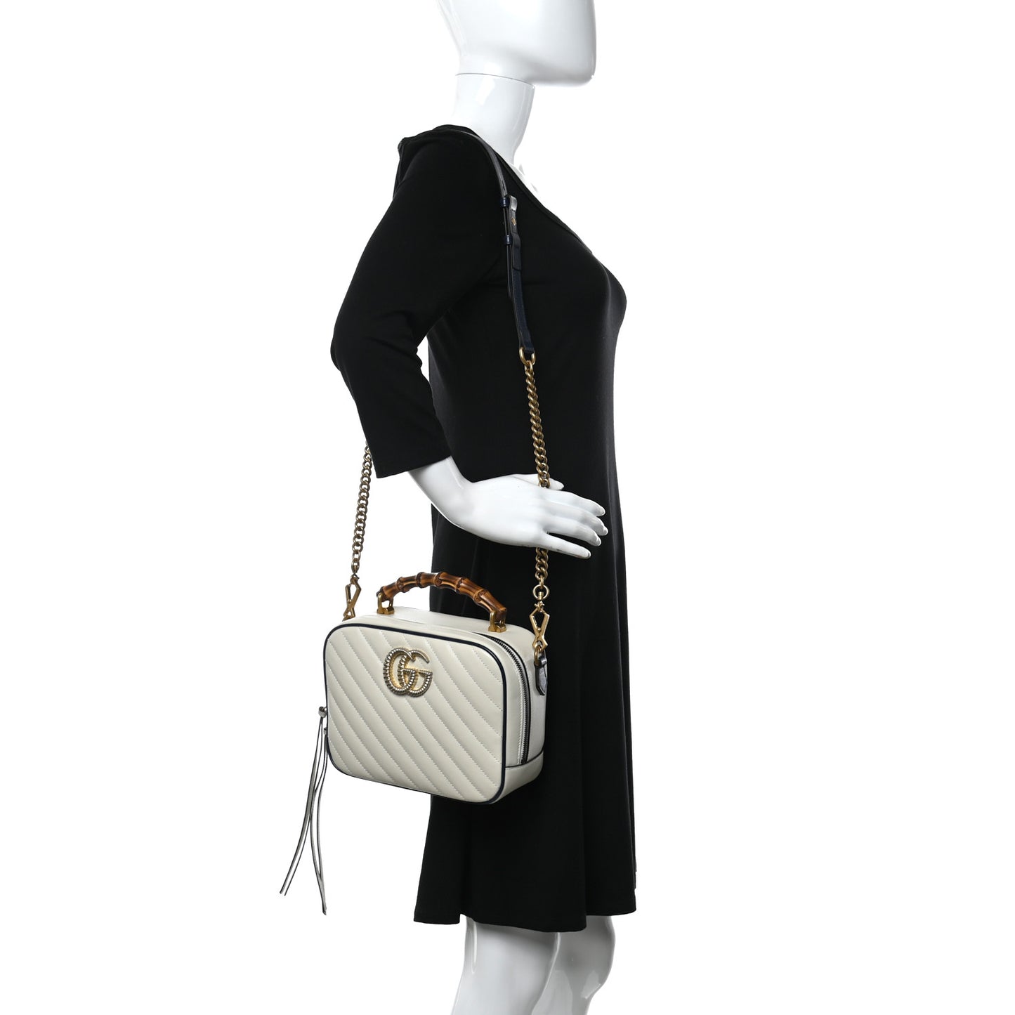 Vintage Effect Calfskin Matelasse Diagonal Small Torchon GG Marmont Bamboo Top Handle Shoulder Bag Mystic White Blue Agata