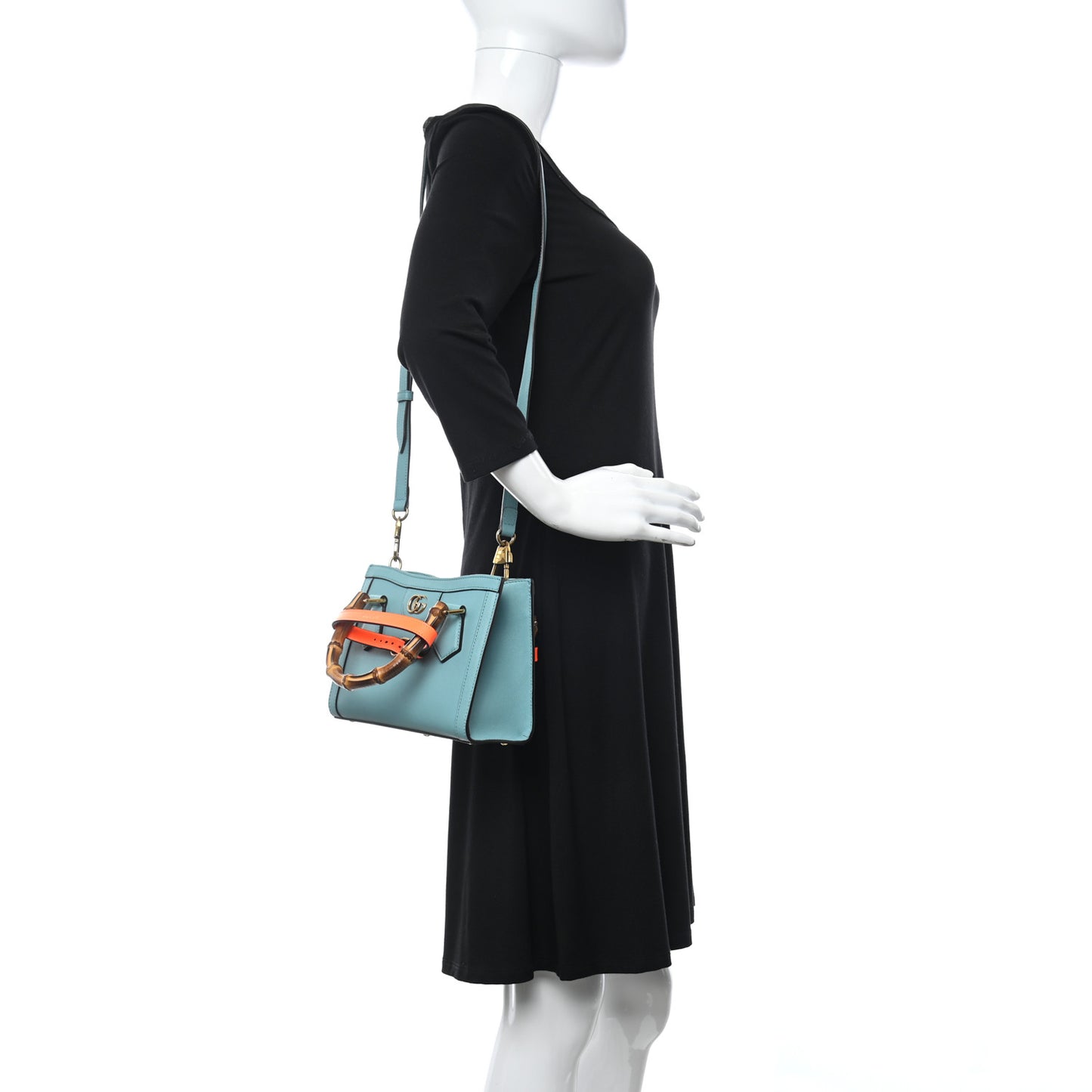 Textured Dollar Calfskin Web Mini Diana Tote Bag Dusty Azure Deep Orange