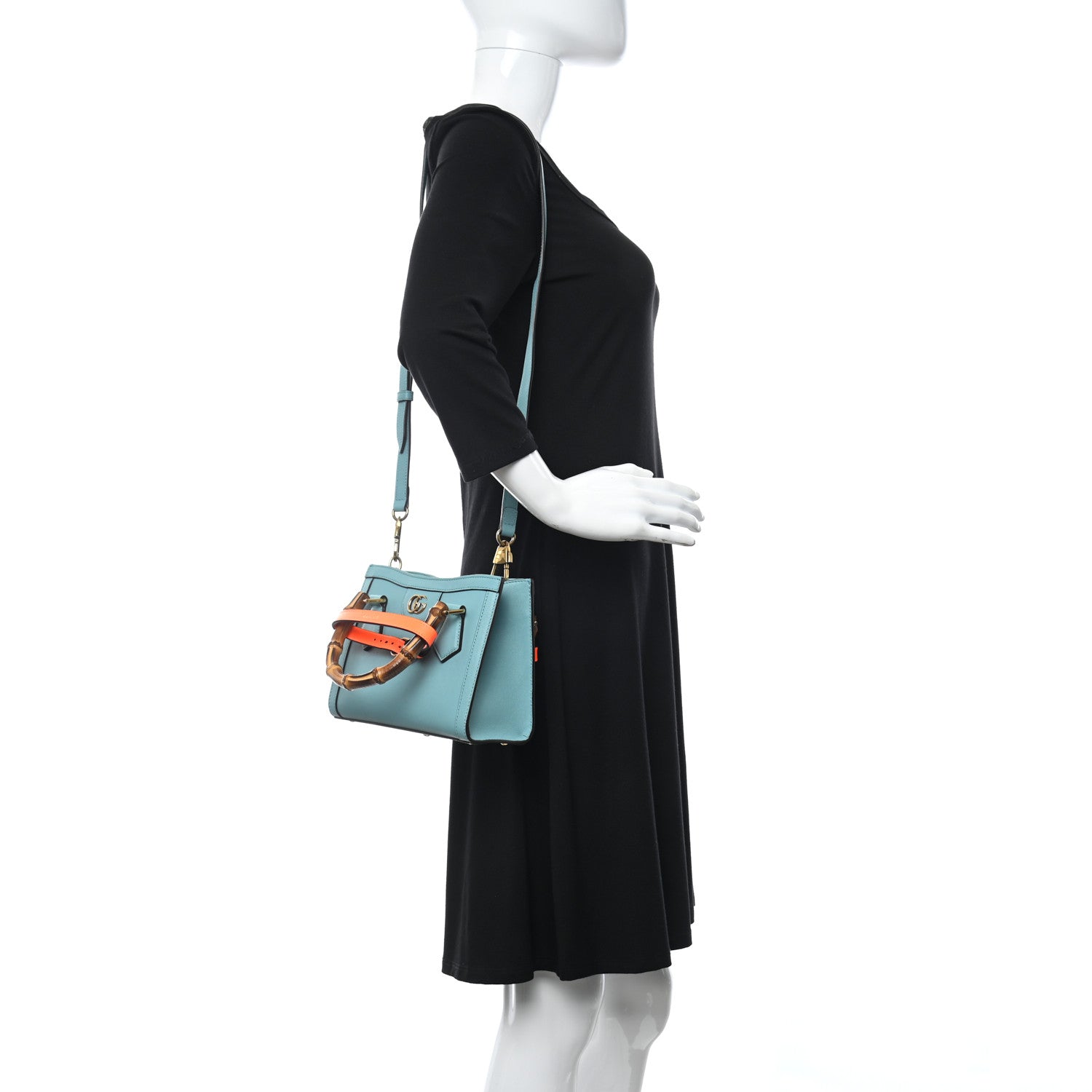 Gucci Textured Dollar Calfskin Web Mini Diana Tote Bag Dusty Azure Deep Orange 2 of 9