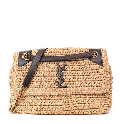 Saint Laurent Raffia Calfskin Monogram Medium Niki Chain Satchel Natural 1 of 10
