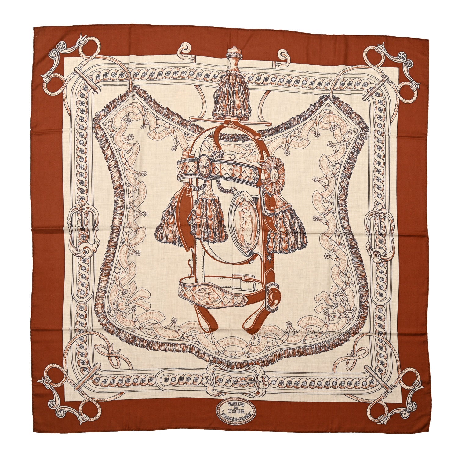 Hermes Cashmere Silk Bride De Cour Remix Scarf 140 Cacao Naturel Black 1 of 4