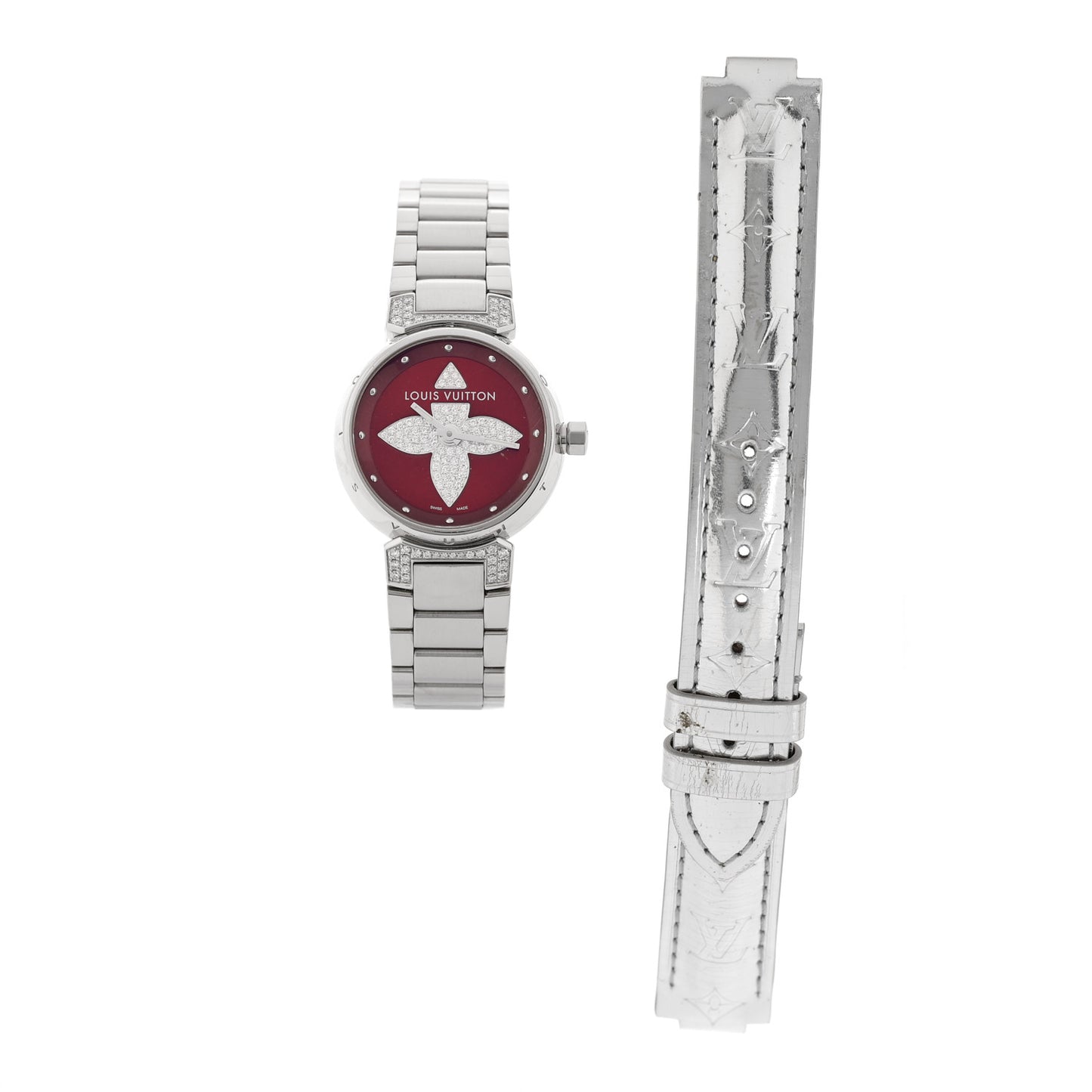 Stainless Steel Diamond 28mm Tambour Forever Pom Quartz Watch Red