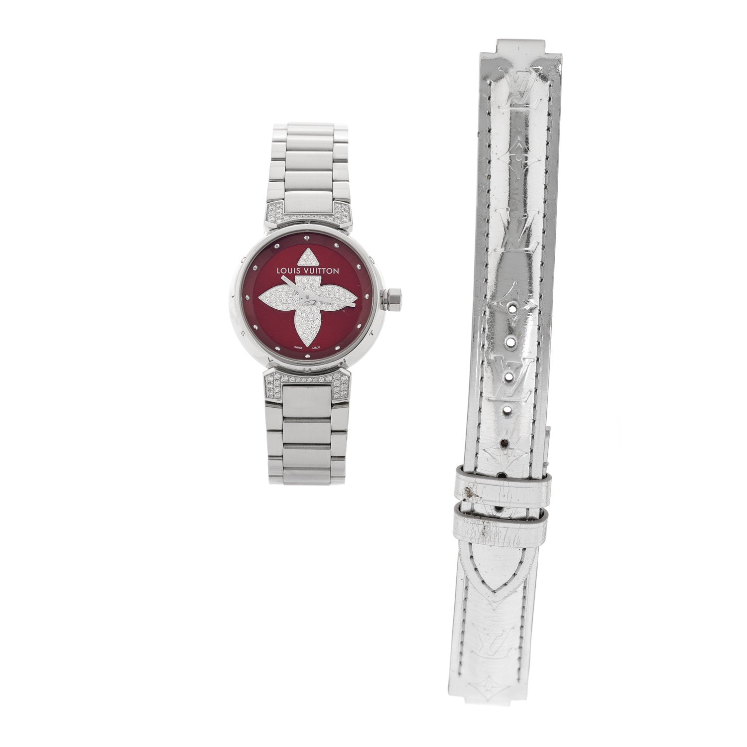 Louis Vuitton Stainless Steel Diamond 28mm Tambour Forever Pom Quartz Watch Red 7 of 8