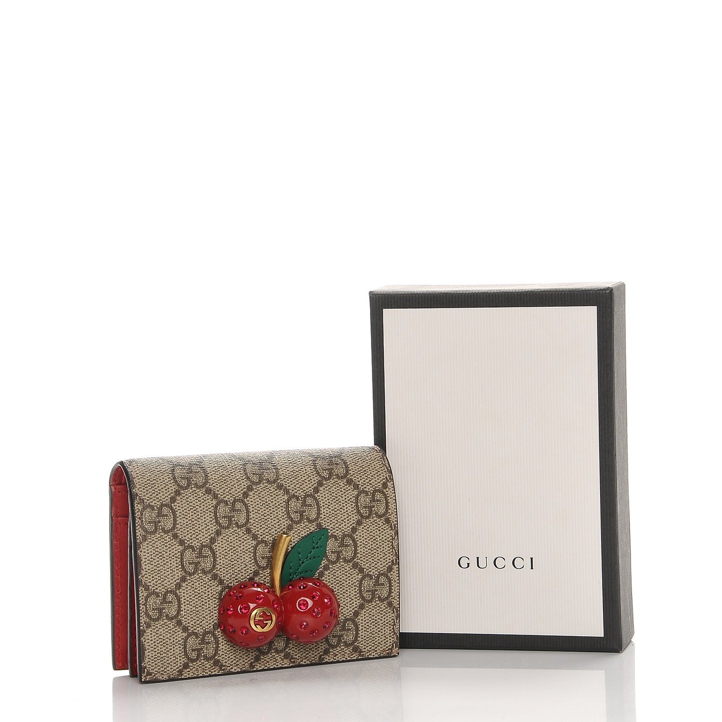 GG Supreme Monogram Cherry Embellished Card Case Wallet Hibiscus Red