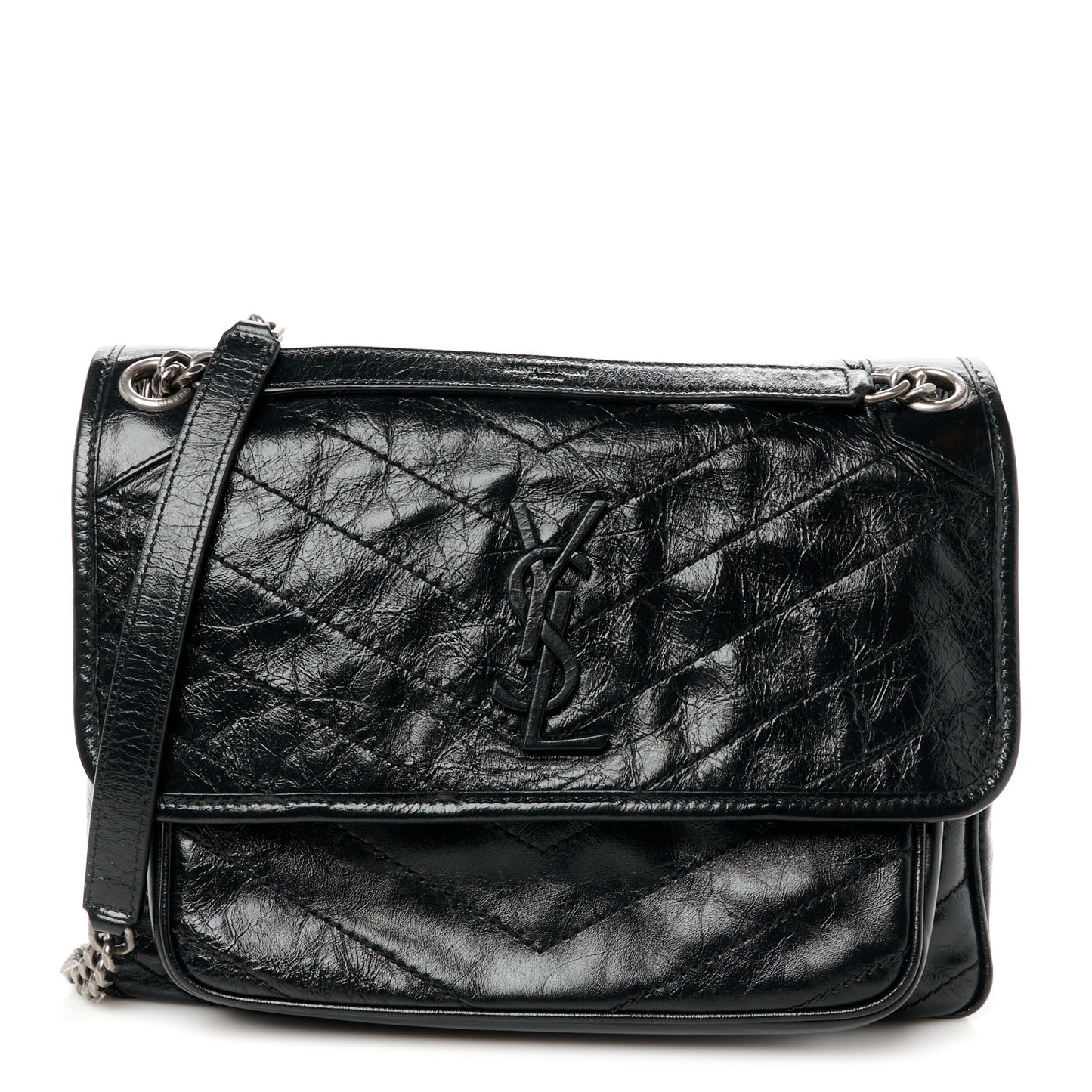 Crinkled Calfskin Matelasse Monogram Medium Niki Chain Satchel Black