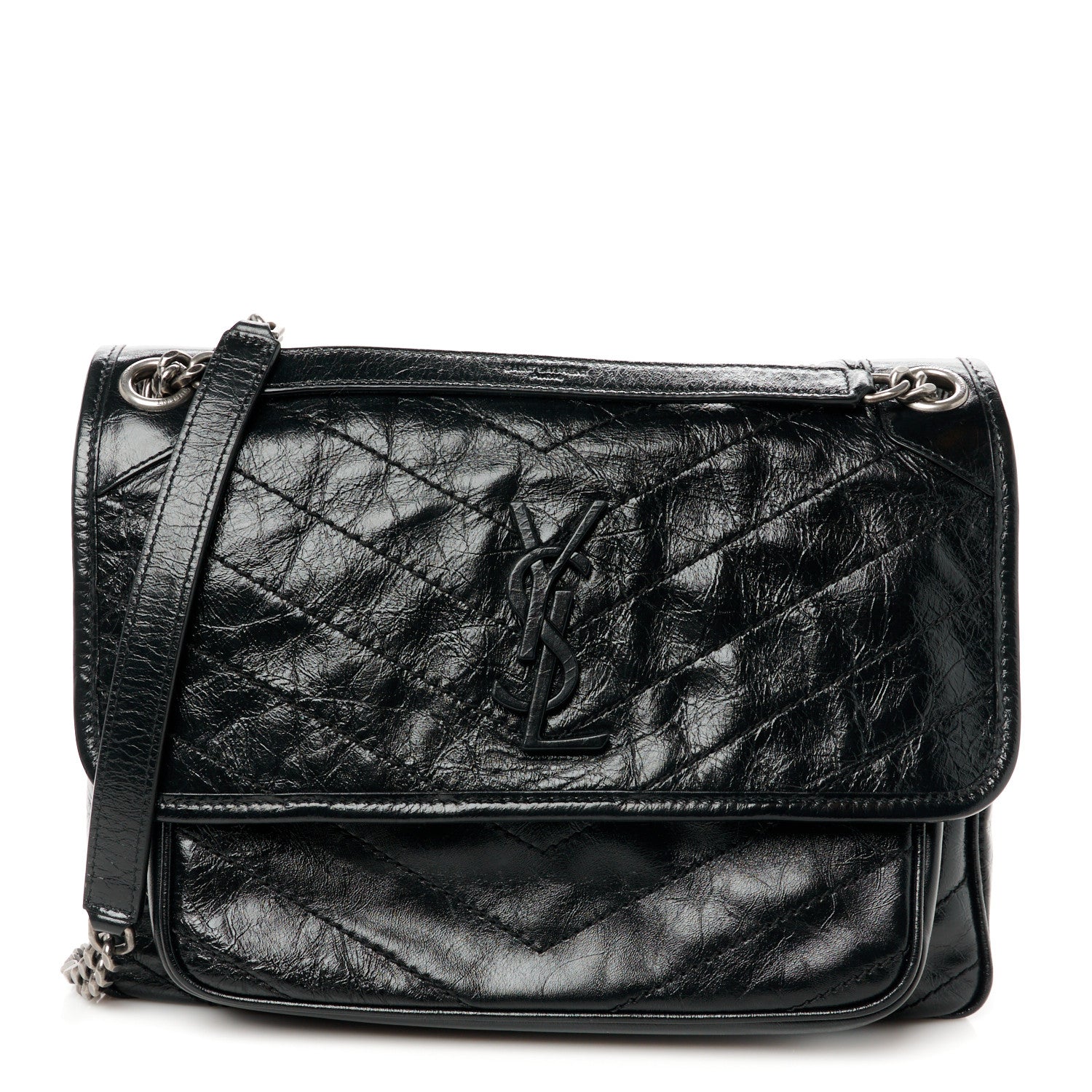 Saint Laurent Crinkled Calfskin Matelasse Monogram Medium Niki Chain Satchel Black 1 of 11