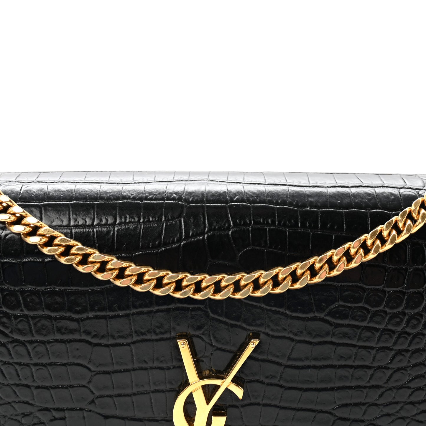 Calfskin Crocodile Embossed Medium Classic Monogram Kate Tassel Satchel Black