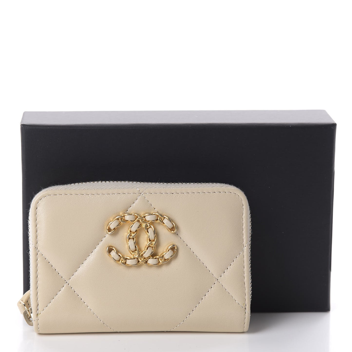 Lambskin Quilted 19 Zip Around Coin Purse Wallet Beige