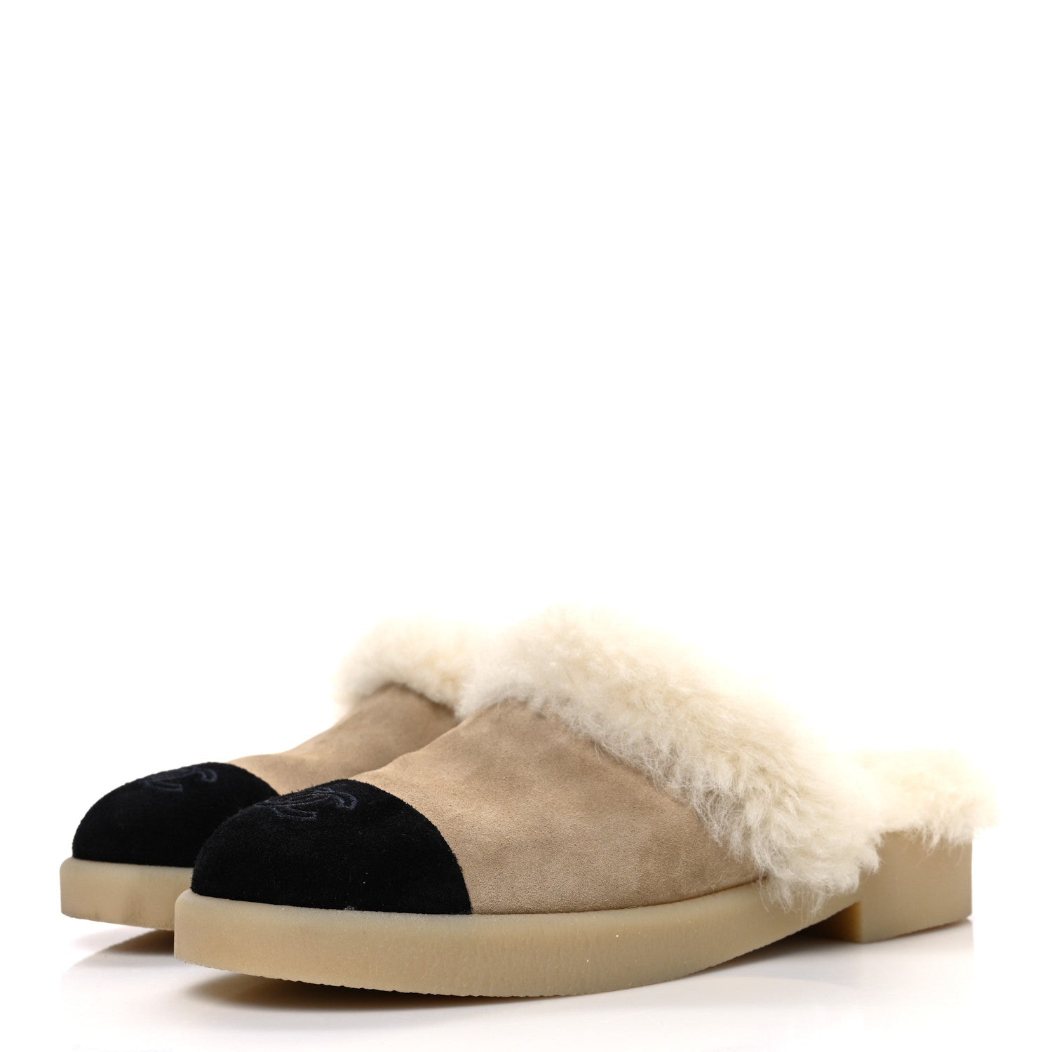 Chanel Suede Shearling CC Cap Toe Mules 41 Beige Black 4 of 10