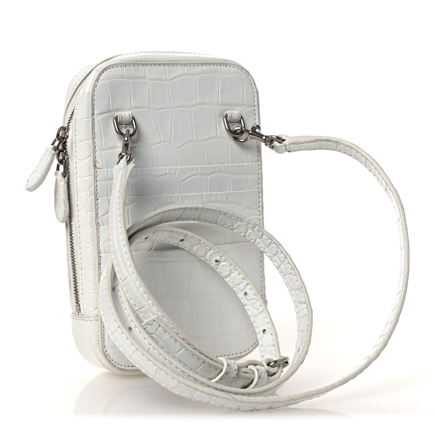 Balenciaga Shiny Calfskin Logo Crocodile Embossed Cash Phone Holder Bag White Black 3 of 13
