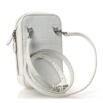 Balenciaga Shiny Calfskin Logo Crocodile Embossed Cash Phone Holder Bag White Black 3 of 13
