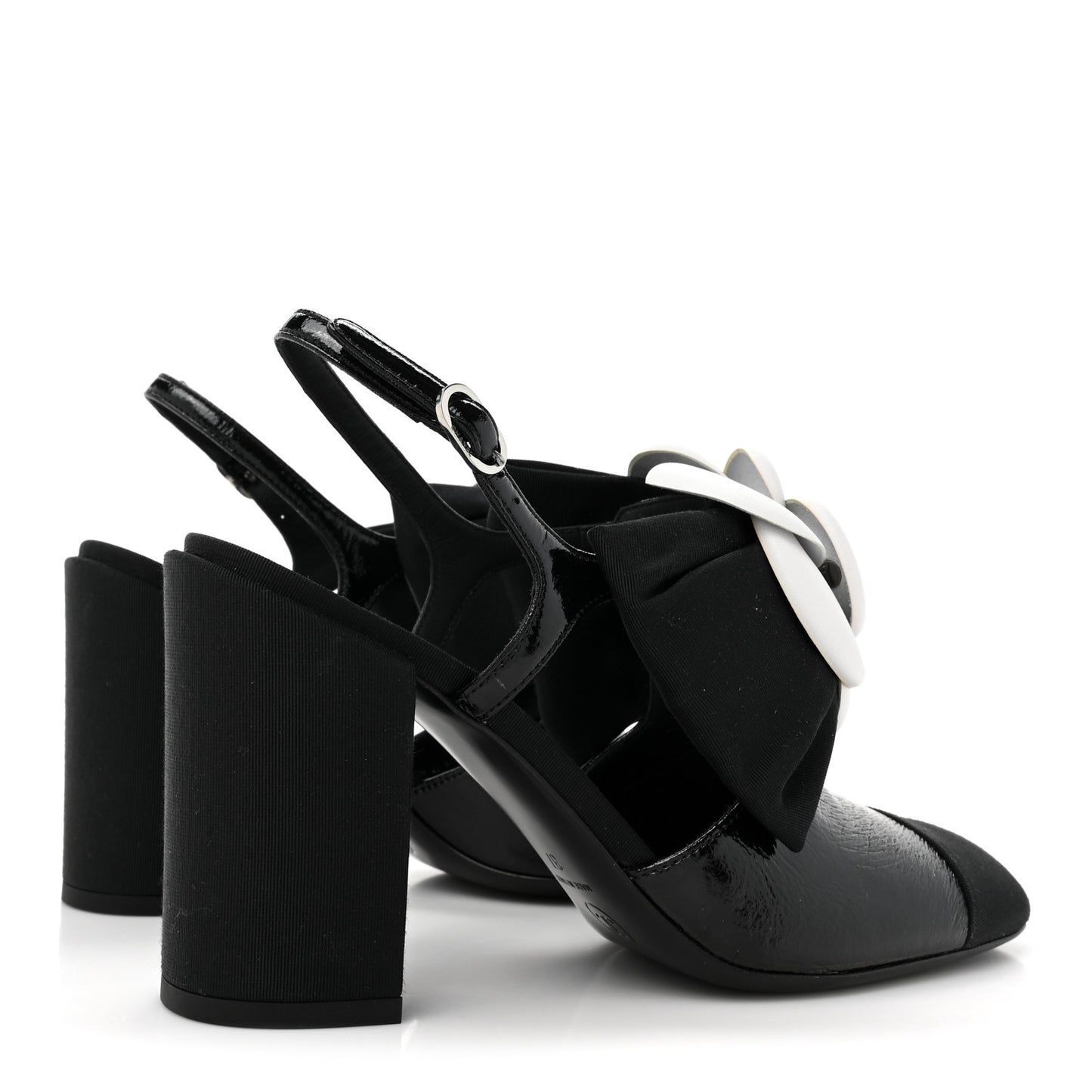 Crumpled Shiny Fabric Grosgrain Cap Toe Camellia Bow Slingback Pumps 37 Black