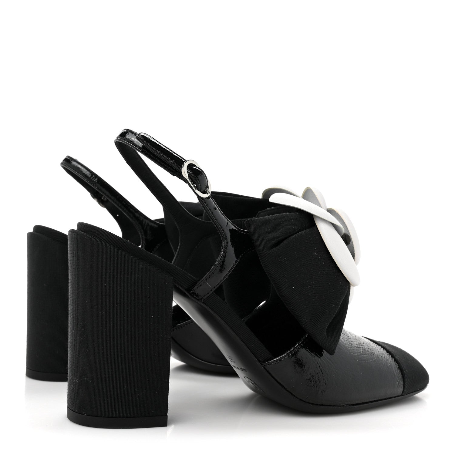 Chanel Crumpled Shiny Fabric Grosgrain Cap Toe Camellia Bow Slingback Pumps 37 Black 4 of 10