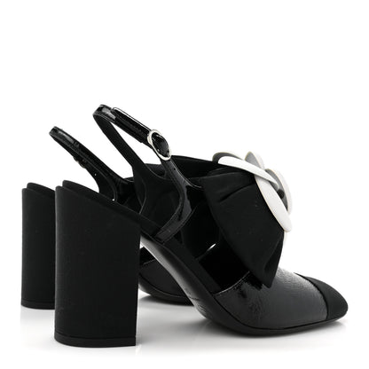 Chanel Crumpled Shiny Fabric Grosgrain Cap Toe Camellia Bow Slingback Pumps 37 Black 4 of 10