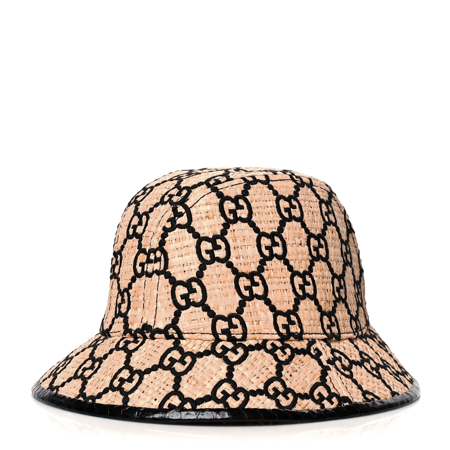 Gucci Raffia Elaphe GG Monogram Embroidered Fedora Hat L Ivory Black 1 of 8