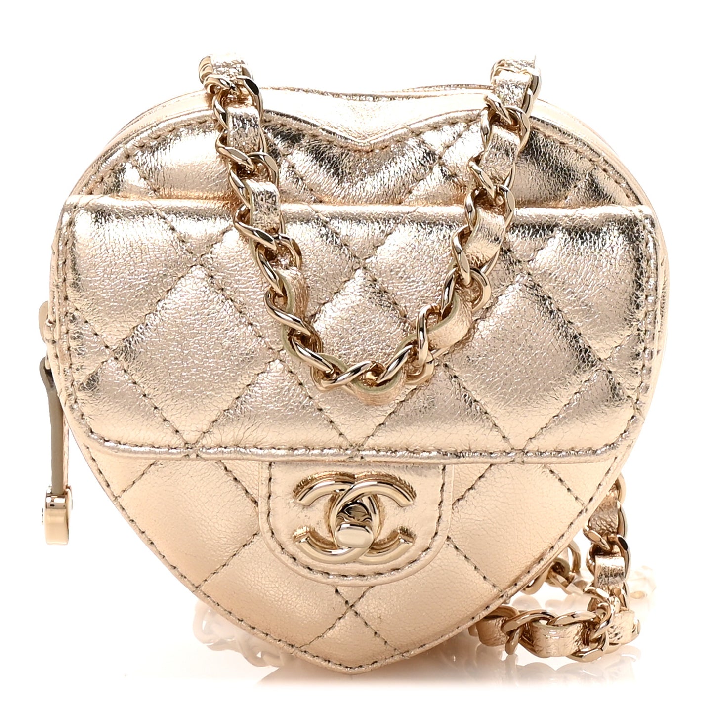 Metallic Lambskin Quilted CC In Love Heart Waist Belt Bag With Chain Gold