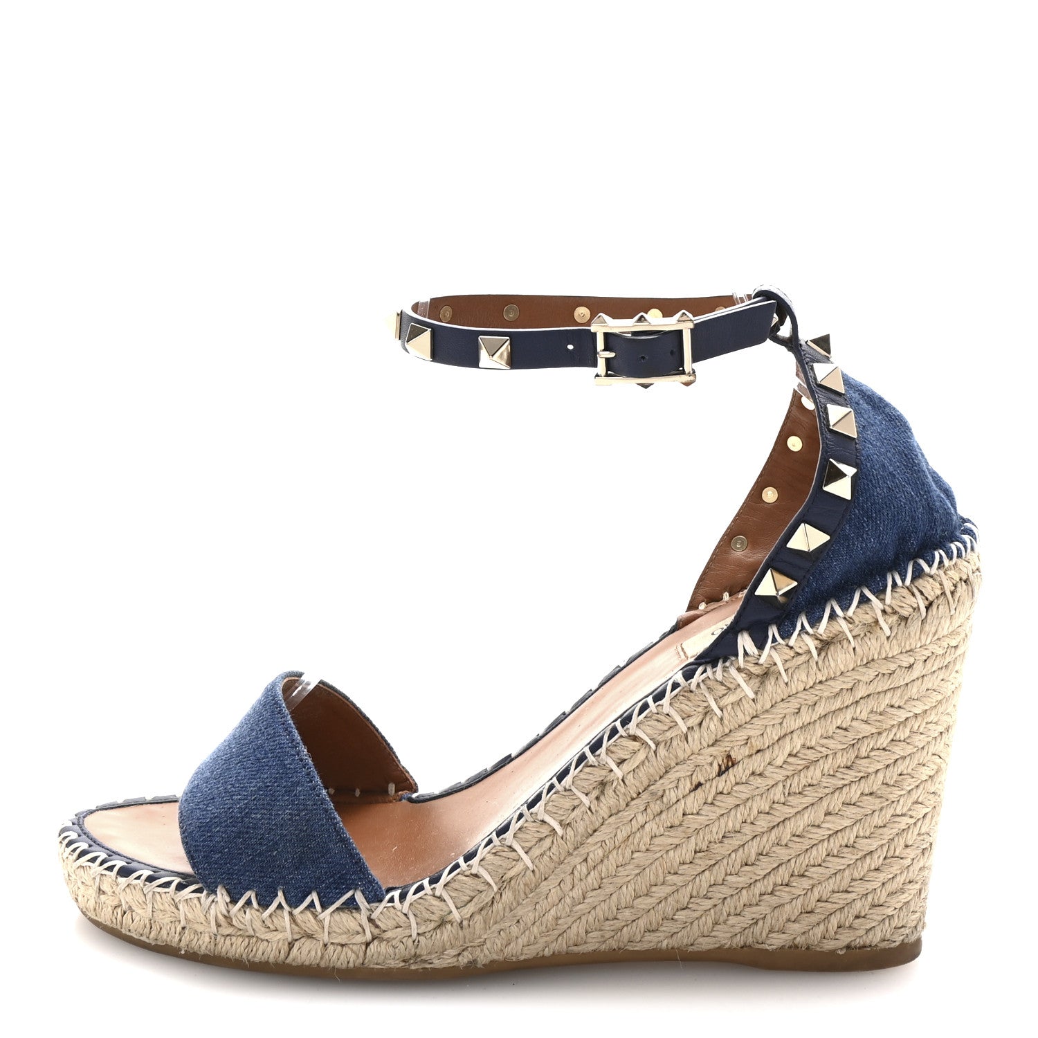 Valentino Garavani Denim Rockstud Ankle Strap Espadrille 15/105mm Wedge Sandals 39 Light Denim 1 of 9