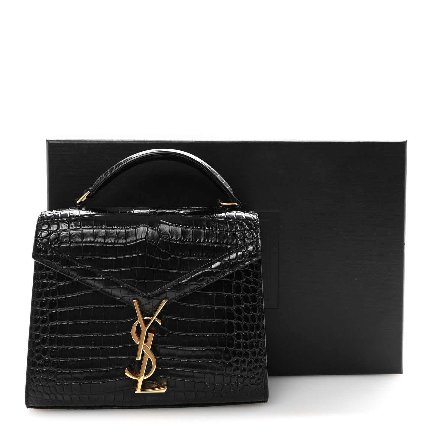 Calfskin Crocodile Embossed Mini Classic Monogram Cassandra Top Handle Black