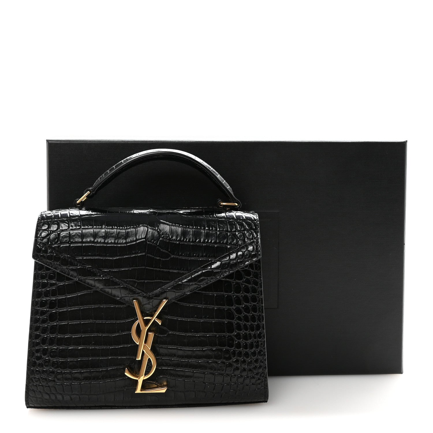 Saint Laurent Calfskin Crocodile Embossed Mini Classic Monogram Cassandra Top Handle Black 10 of 10