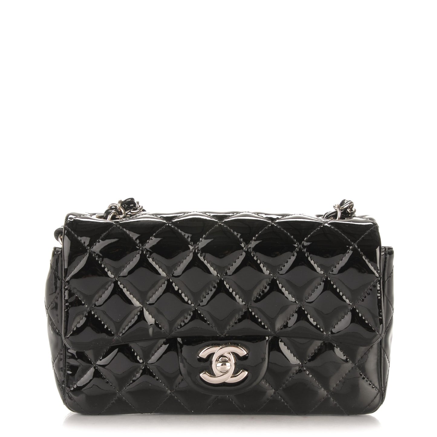 Patent Calfskin Quilted Mini Rectangular Flap Black