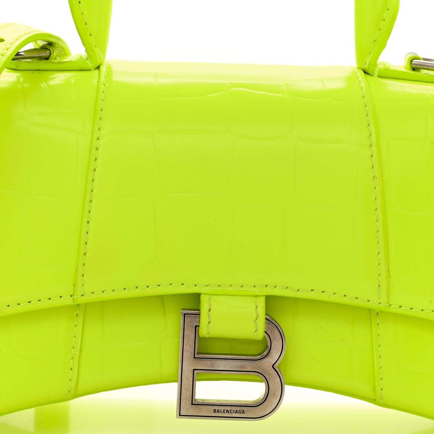 Semi Shiny Calfskin Crocodile Embossed Hourglass Top Handle Bag XS Yellow
