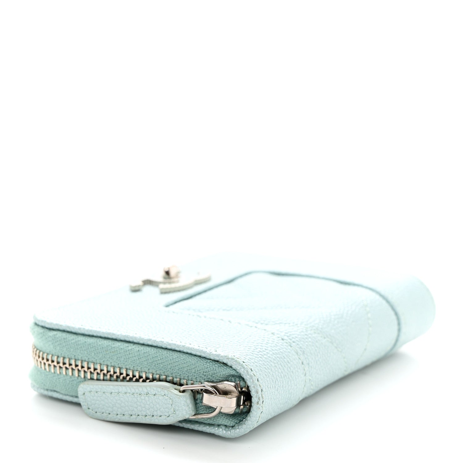 Chanel Metallic Caviar Chevron Quilted Vintage Mademoiselle Zip Coin Purse Light Blue 4 of 7