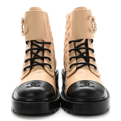 Chanel Lambskin Calfskin Quilted Lace Up Combat Boots 37.5 Beige Black 2 of 14