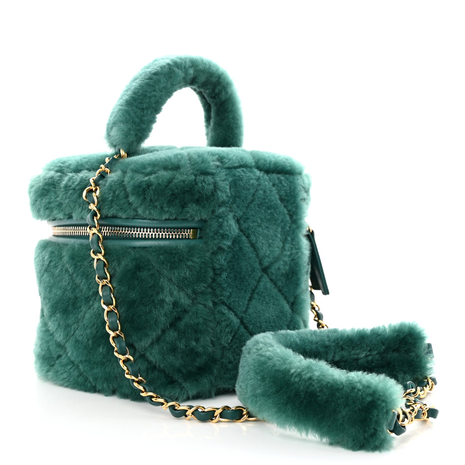 Chanel Shearling Lambskin Quilted Small Vanity Case Green 3 of 10