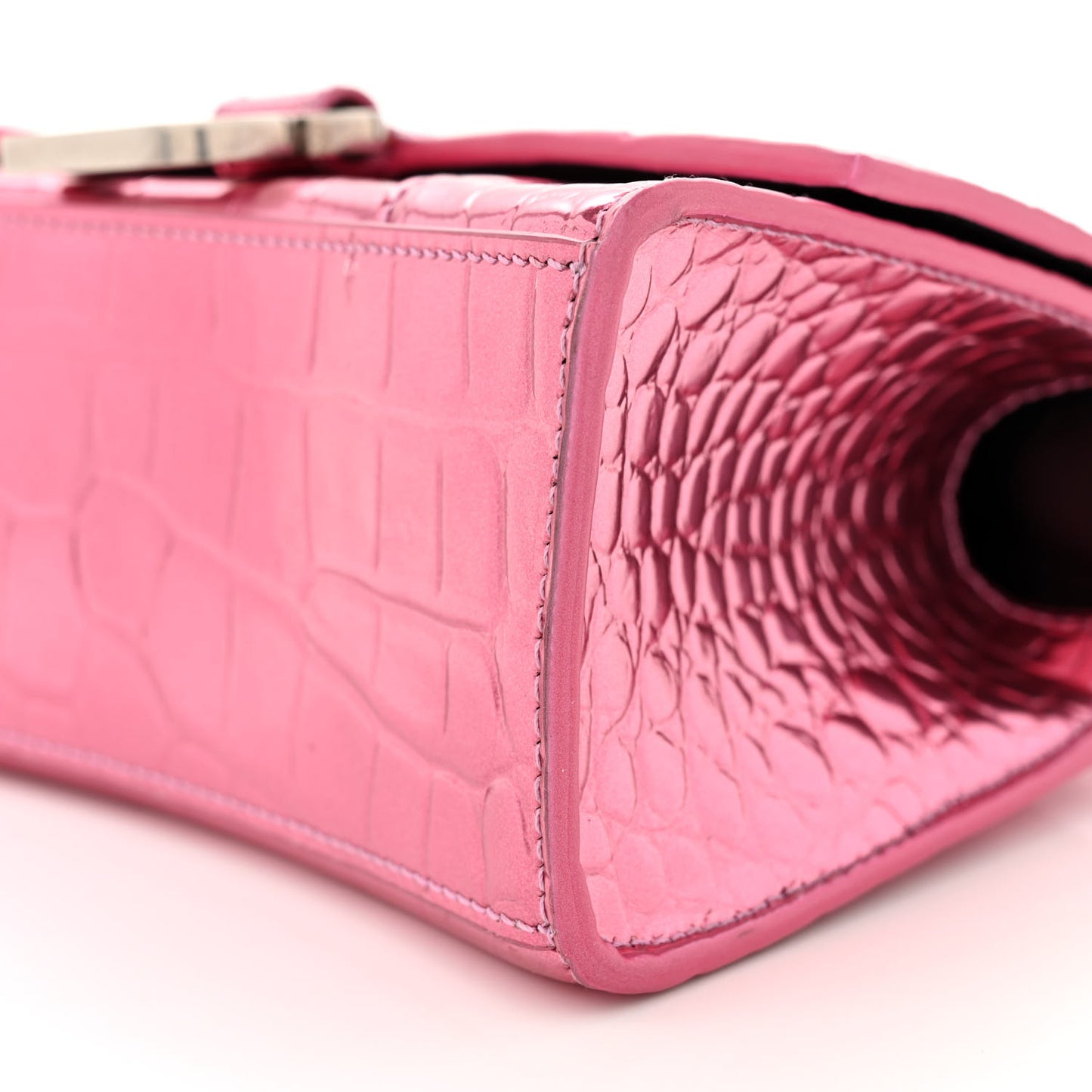 Metallic Shiny Calfskin Crocodile Embossed Hourglass Top Handle Bag XS Pink
