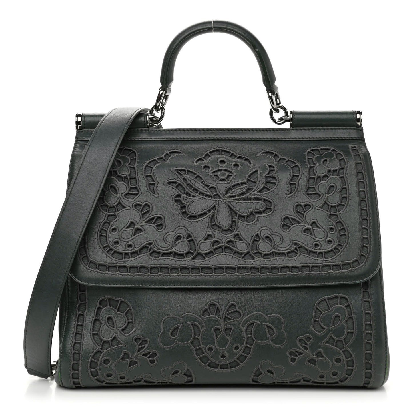 Lambskin Large Embroidered Laser Cut Miss Sicily Satchel Dark Green