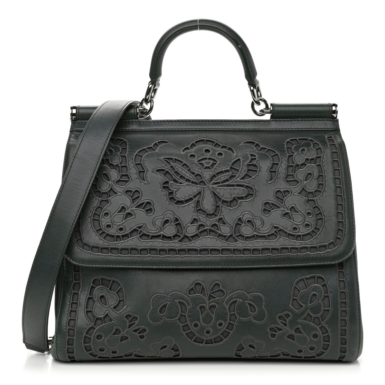 Dolce & Gabbana Lambskin Large Embroidered Laser Cut Miss Sicily Satchel Dark Green 1 of 13
