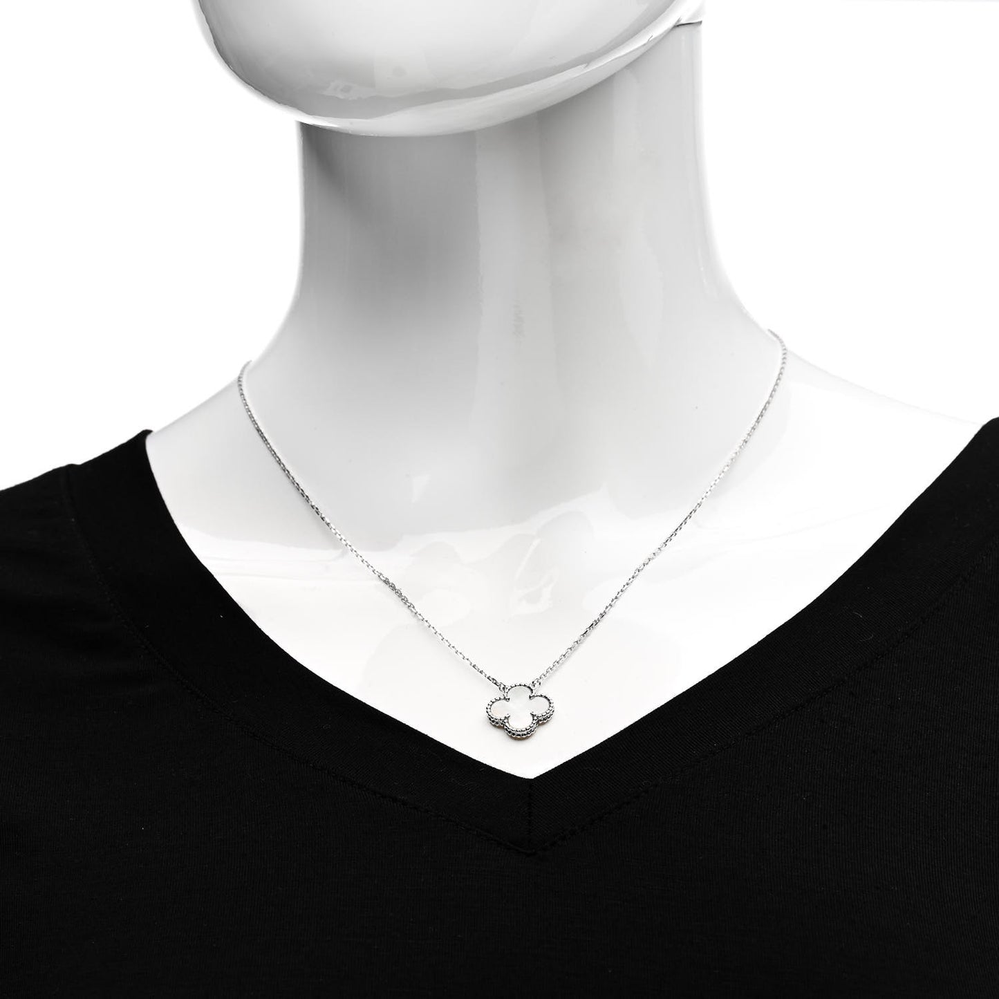 18K White Gold Mother of Pearl Vintage Alhambra Pendant Necklace