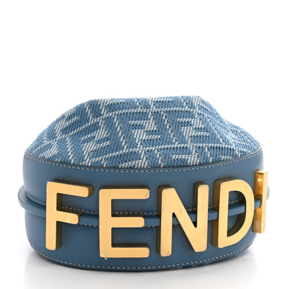 Fendi Denim Vitello King F is Fendi FF Embroidered Mini Fendigraphy Hobo Bag Denim Sand Blue White 4 of 10