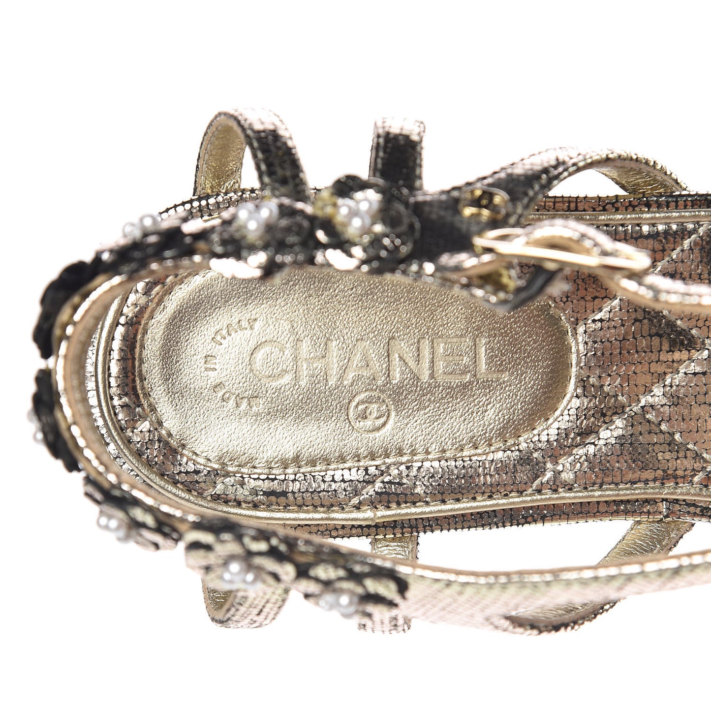 Fantasy Goatskin Pearl Camellia Thong Sandals 36 Gold