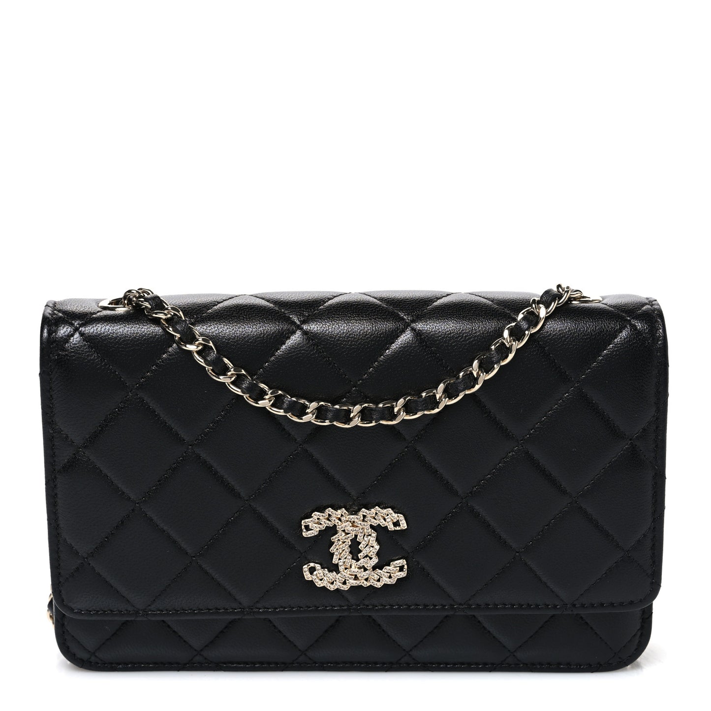 Lambskin Quilted Crystal CC Wallet On Chain WOC Black