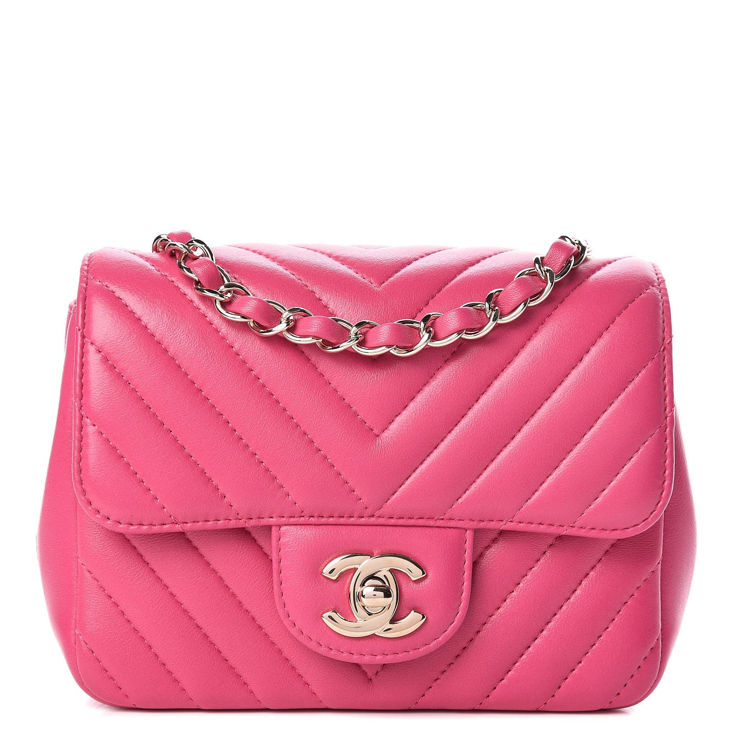 Lambskin Chevron Quilted Mini Square Flap Fuchsia