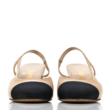 Chanel Goatskin Grosgrain Cap Toe CC Slingback Pumps 35.5 Beige Black 2 of 4