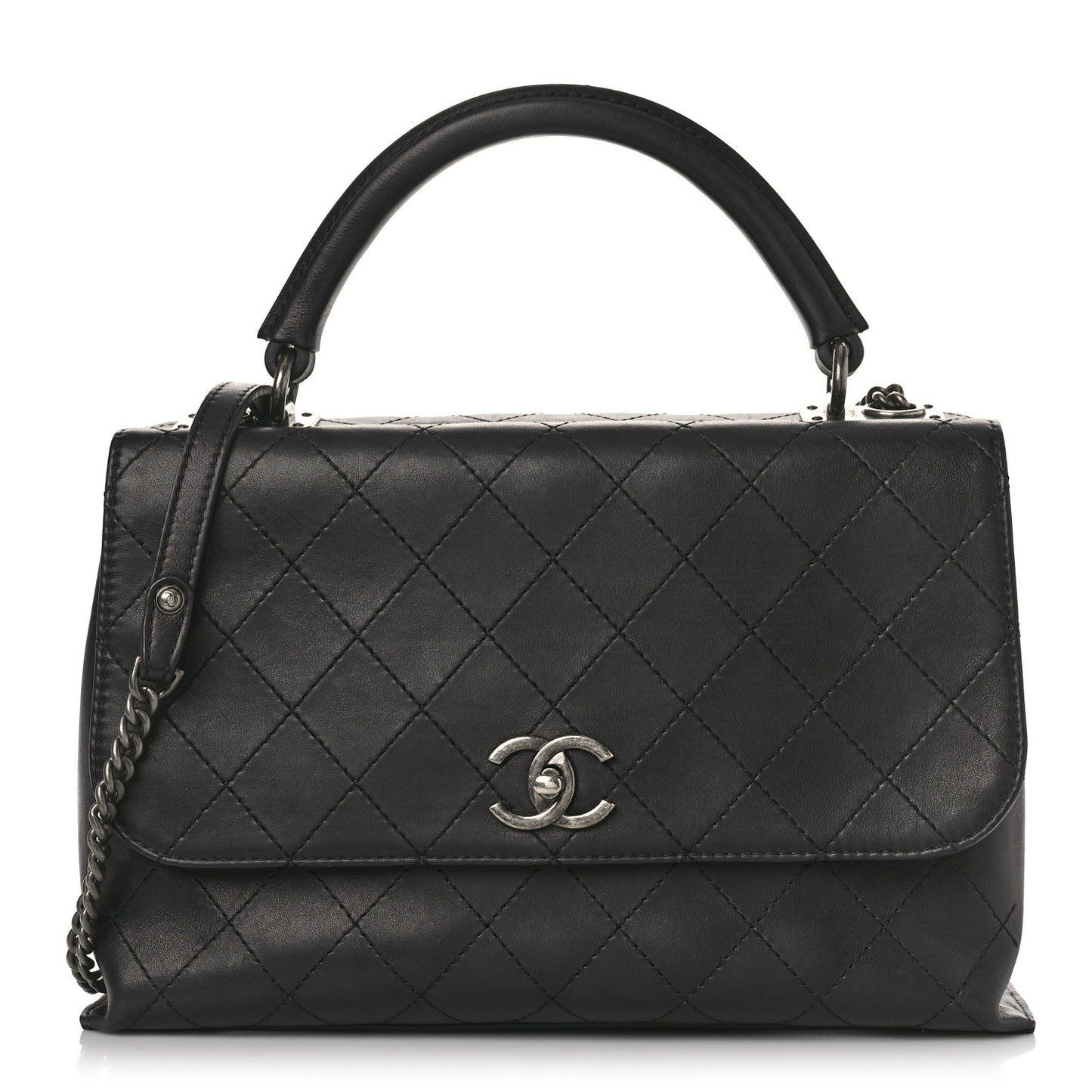 Calfskin Stitched Large Urban Luxury Top Handle Bag Black