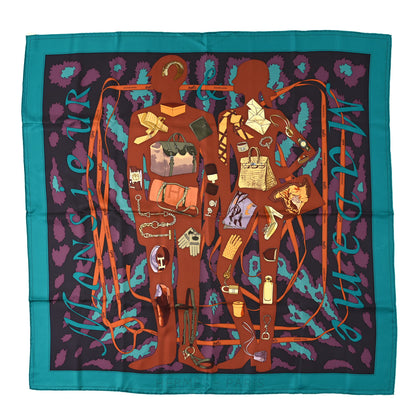 Hermes Silk Monsieur et Madame II Scarf 90 Canard Prune Chocolate 1 of 4