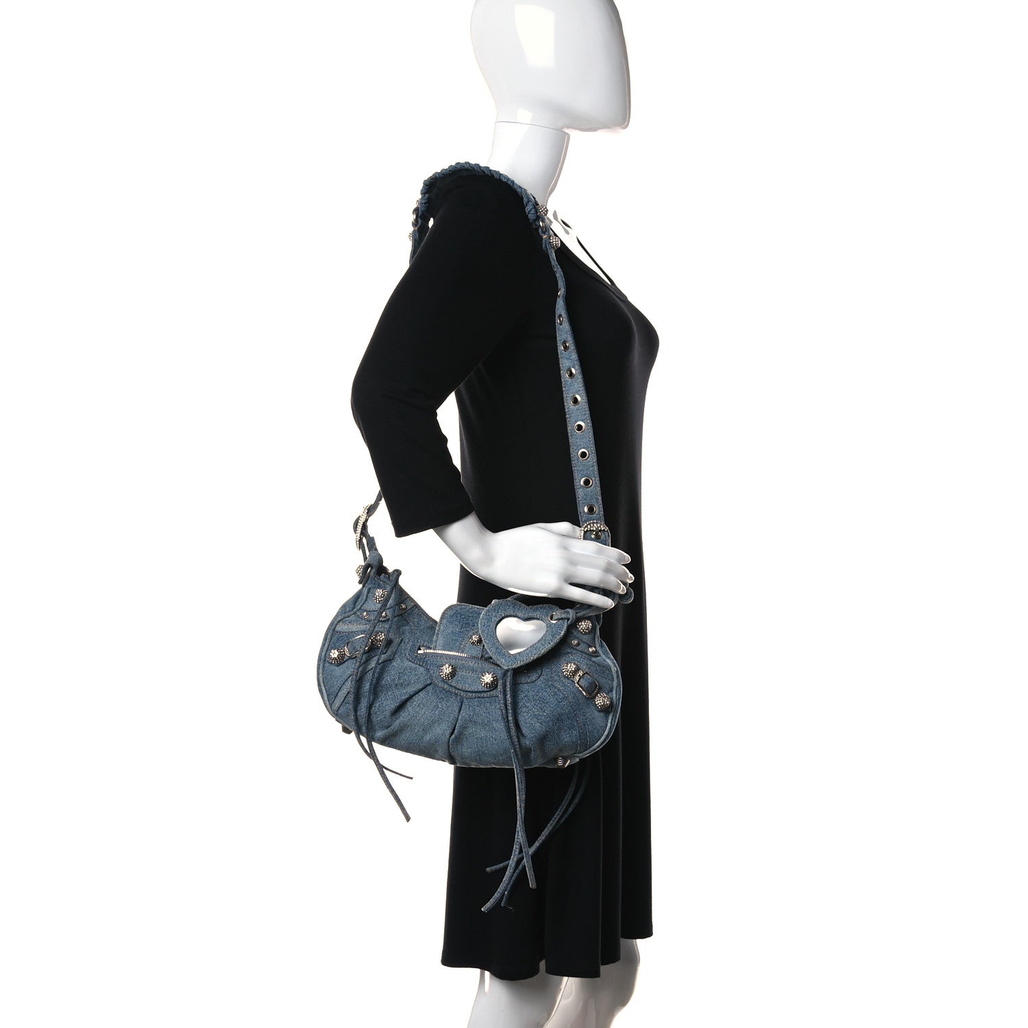 Balenciaga Washed Frayed Denim Crystal Small Le Cagole Shoulder Bag Blue 2 of 9